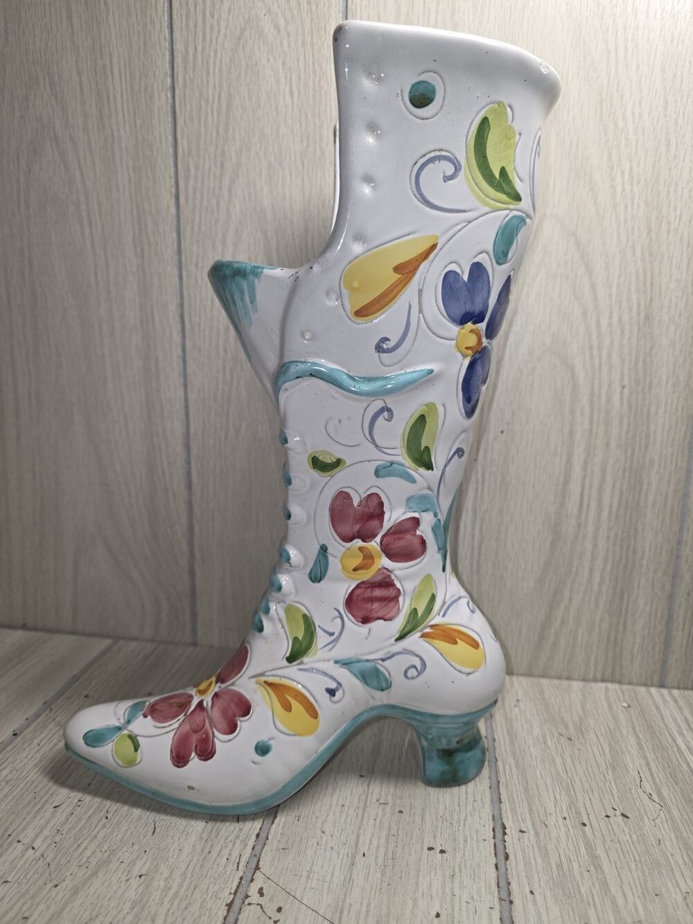 Vintage Victorian High Heel Boot Vase/Planter Ceramic Italy Floral Heritage 13"